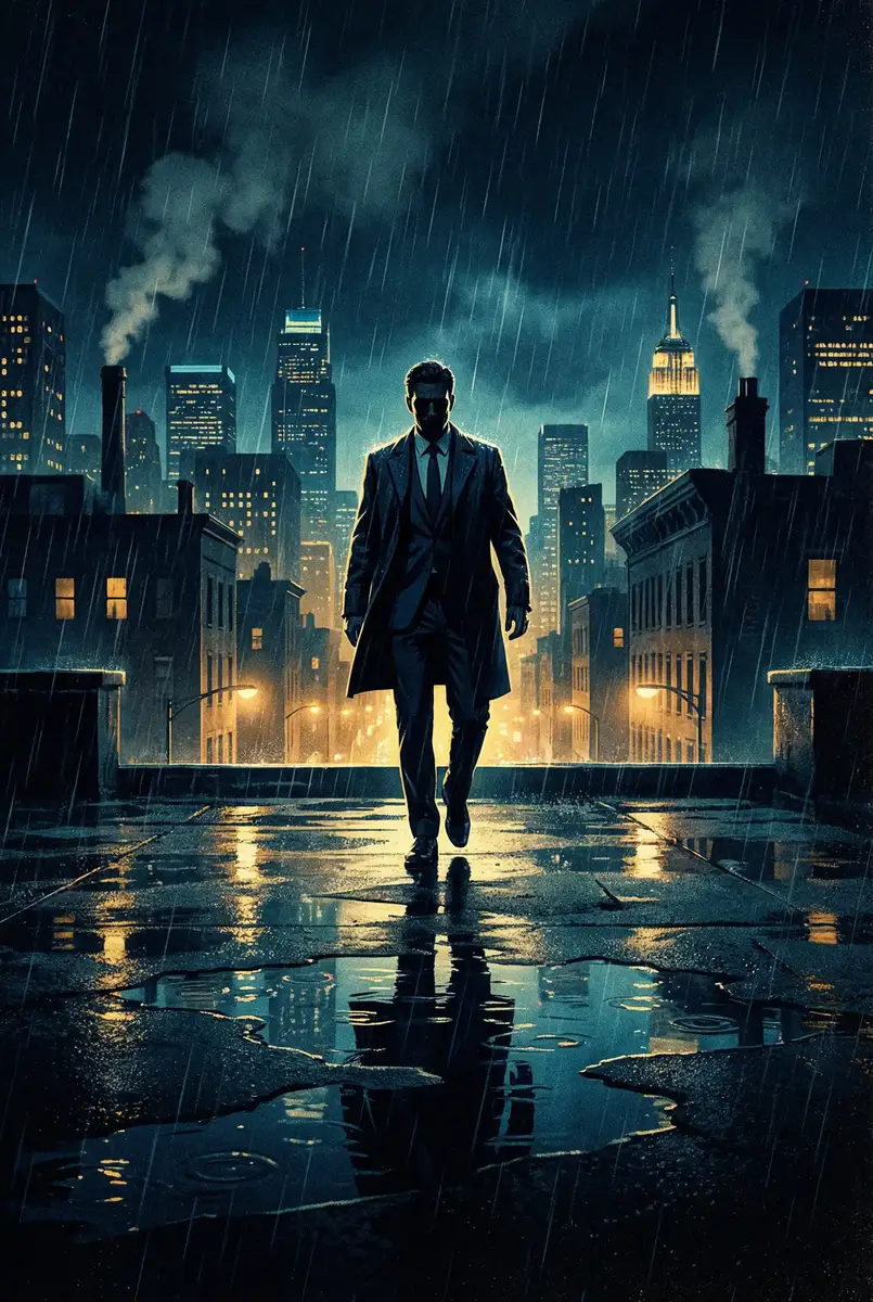龙舌兰1v1 出品影片《雨夜独行者》海报，雨中城市屋顶男性剪影
